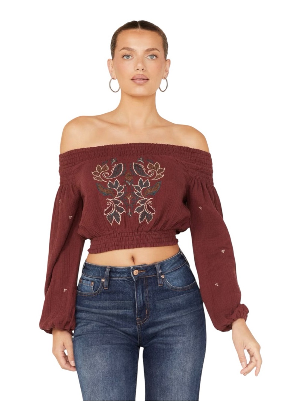 Shyanne Wine Off-Shoulder Smocked Cropped Blouse